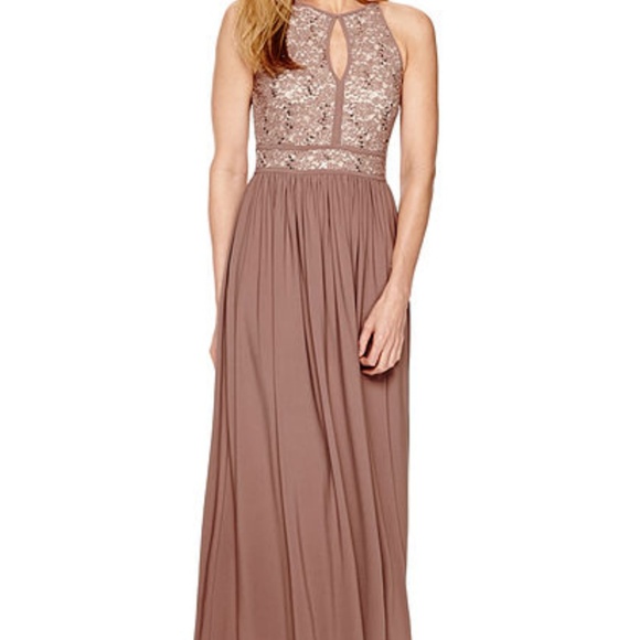 r & m richards sleeveless halter lace evening gown